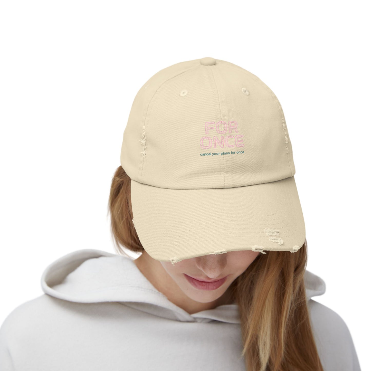 Distressed Baseball Cap — "FOR ONCE" Retro Embroidered Dad Hat